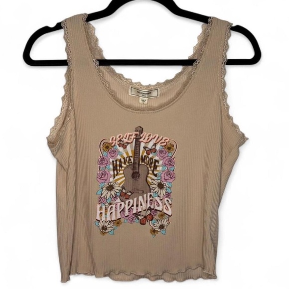 No Comment Tops - Tan Lace Trim Tank Top Boho 70s Graphic Peace Love Happiness Size Large